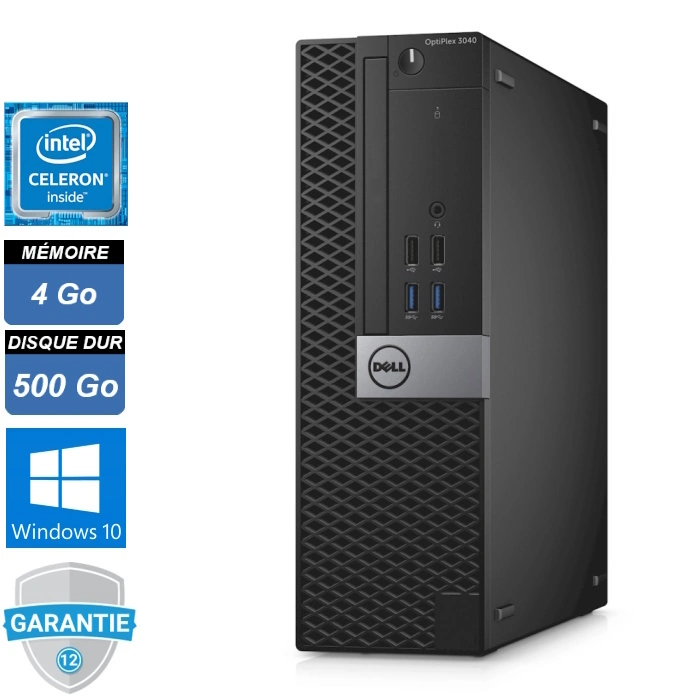 Vue de face de l'ordinateur de bureau Dell OptiPlex 3040 montrant le boîtier noir élégant avec le logo Dell, les ports USB et la grille de ventilation.