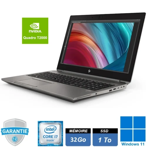 HP ZBook 15 G6 : ordinateur portable avec processeur i7-9850H, 32 Go de RAM, SSD 1 To, carte graphique NVIDIA T2000 et Windows 11 Pro.
