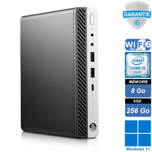 HP EliteDesk 800 G5 : Puissance professionnelle dans un boîtier compact. Processeur Intel Core i5-9500T, 8 Go de RAM, SSD 256 Go NVMe, Windows 11 Pro. Conçu pour la productivité et la sécurité optimales.