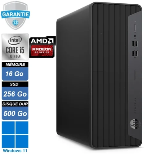 Ordinateur de bureau HP ProDesk 400 G7. Ce modèle se distingue par son design compact et élégant avec un boîtier noir sobre. En façade, plusieurs ports USB et une prise audio sont visibles, offrant une connectivité facile d'accès. Ce PC est conçu pour les environnements professionnels, combinant puissance et fiabilité avec un processeur Intel Core i5, 16 Go de RAM, un SSD de 256 Go et un disque dur de 500 Go, le tout fonctionnant sous Windows 11 Pro.