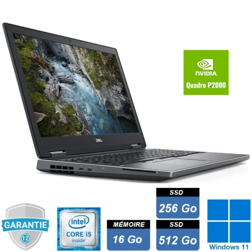 Ordinateur portable Dell Precision 7530 équipé d'un processeur Intel Core i5-8400H, 16 Go de RAM, un SSD de 512 Go, fonctionnant sous Windows 11 Pro.