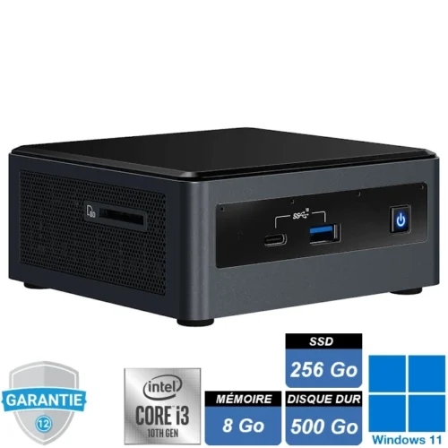 Mini PC Intel NUC BXNUC10i3FNH2. Ce modèle compact est équipé d'un processeur Intel Core i3-10110U, de 8 Go de RAM, d'un SSD de 256 Go et d'un disque dur de 500 Go. Il présente un design moderne et discret, idéal pour les environnements de travail à domicile et les espaces restreints.