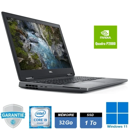 Ordinateur portable Dell Precision 7530 équipé d'un processeur Intel Core i9-8950HK, 32 Go de RAM, SSD NVMe de 1 To, carte graphique NVIDIA Quadro P2000 avec 4 Go de mémoire GDDR5, fonctionnant sous Windows 11 Pro.