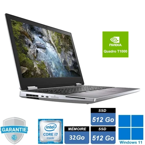 Ordinateur portable Dell Precision 7540 équipé d'un processeur Intel Core i7-9750H, 32 Go de RAM, double SSD NVMe de 512 Go, carte graphique NVIDIA Quadro T1000 avec 4 Go de mémoire GDDR5, fonctionnant sous Windows 11 Pro.