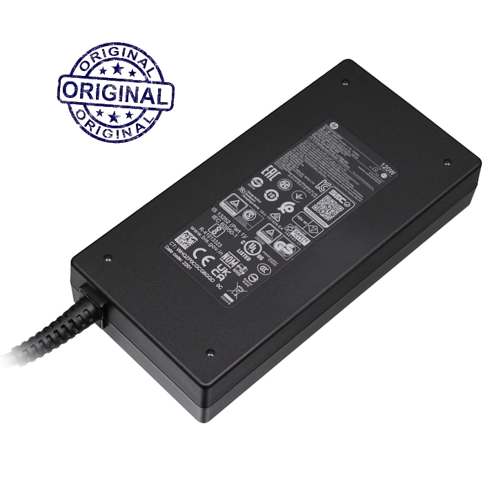 Chargeur HP 120W modèle L41423-002 avec connecteur rond. Design compact et léger, doté d'un câble d'alimentation noir. Compatible avec plusieurs ordinateurs portables HP, il offre une protection contre les surcharges et les courts-circuits.