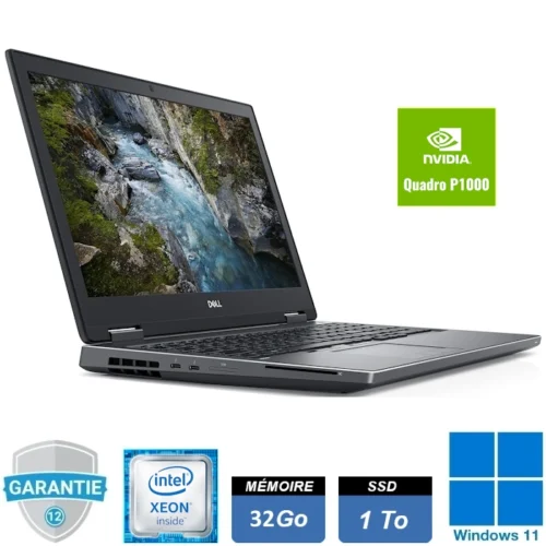 Ordinateur portable Dell Precision 7530 équipé d'un processeur Intel xeon E-2186M, 32 Go de RAM, SSD NVMe de 1 To, carte graphique NVIDIA Quadro P2000 avec 4 Go de mémoire GDDR5, fonctionnant sous Windows 11 Pro.