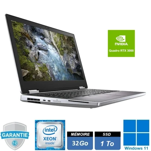 Ordinateur portable Dell Precision 7540 avec un écran de 15,6 pouces Full HD. Il est équipé d’un processeur Intel Xeon, 32 Go de RAM, un SSD de 1 To et une carte graphique NVIDIA Quadro RTX 3000. La machine est conçue pour des performances élevées, idéale pour les utilisateurs nécessitant de la puissance pour des tâches telles que le rendu 3D, l'édition vidéo et la modélisation. Le design est élégant avec un châssis en aluminium, et l’ordinateur est doté de plusieurs ports de connectivité pour une flexibilité maximale