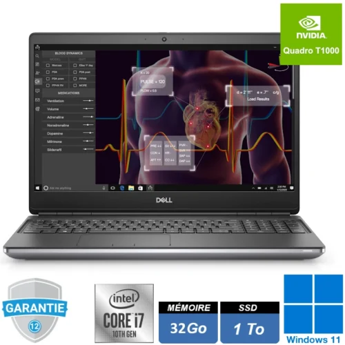 Ordinateur portable Dell Precision 7550 avec processeur Intel Core i7, 32 Go de RAM, SSD NVMe de 1 To et carte graphique NVIDIA Quadro T1000 4 Go. Parfait pour les utilisateurs exigeant des performances de pointe pour la création et le calcul intensif.