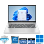 Ordinateur portable HP 17-cn0013sf de 17,3 pouces, affichant un grand écran Full HD avec un design élégant. Il est équipé d’un processeur Intel Pentium Silver 5030, de 12 Go de RAM et d’un SSD de 256 Go. Préinstallé avec Windows 11 Famille, il offre une expérience fluide pour le travail quotidien et le divertissement.