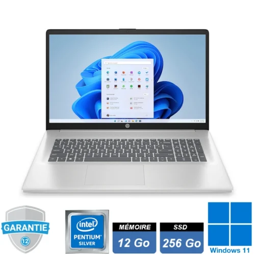 Ordinateur portable HP 17-cn0013sf de 17,3 pouces, affichant un grand écran Full HD avec un design élégant. Il est équipé d’un processeur Intel Pentium Silver 5030, de 12 Go de RAM et d’un SSD de 256 Go. Préinstallé avec Windows 11 Famille, il offre une expérience fluide pour le travail quotidien et le divertissement.