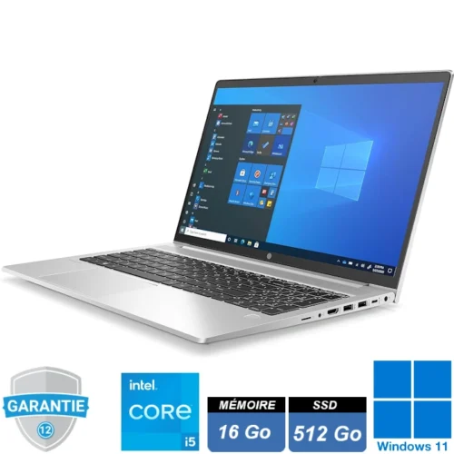Ordinateur portable HP ProBook 450 G8 avec un écran de 15,6 pouces Full HD affichant une image nette et colorée. Le châssis est fin et élégant, conçu en métal, avec un clavier complet et rétroéclairé. Le modèle est doté de 16 Go de RAM et d'un SSD de 512 Go pour des performances rapides. Il fonctionne sous Windows 11 Pro et dispose de nombreux ports de connectivité, notamment USB-C, HDMI et un lecteur de carte SD