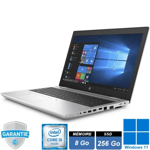 Ordinateur portable HP ProBook 650 G4 avec processeur Intel Core i5, 8 Go de RAM, SSD de 256 Go et lecteur DVD-RW. Écran de 15,6 pouces, idéal pour les utilisateurs recherchant performance et polyvalence.