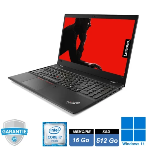 Ordinateur portable Lenovo ThinkPad T580 avec processeur Intel Core i7, 16 Go de RAM et SSD de 512 Go, sous Windows 11 Pro. Écran 15,6 pouces Full HD, idéal pour les utilisateurs exigeant puissance et fiabilité.