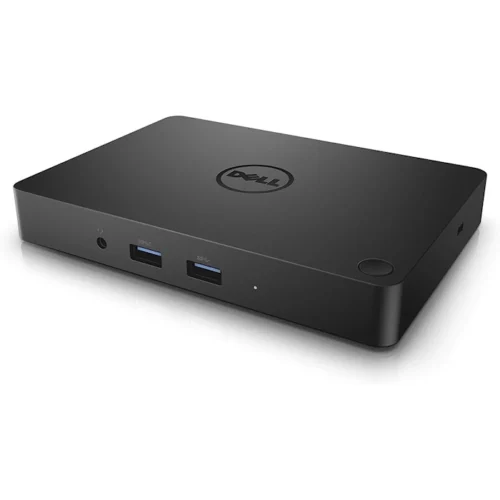 Station d'accueil Dell WD15 vue de face, avec plusieurs ports USB, HDMI, mini-DisplayPort, Ethernet et prise audio, connectée à un ordinateur portable via un câble USB-C.