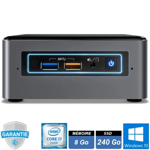 Mini-PC Intel NUC NUC7i7BNH en format compact, équipé d’un processeur Intel Core i7 de 7ème génération, 8 Go de RAM, et d’un SSD de 240 Go. Fonctionne sous Windows 10 IoT et dispose de ports USB, HDMI, et Ethernet pour une connectivité polyvalente.