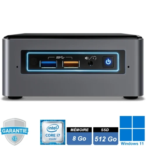 Mini-PC Intel NUC nuc8i7beh2 en format compact, équipé d’un processeur Intel Core i7 de 8ème génération, 8 Go de RAM, et d’un SSD de 512 Go. Fonctionne sous Windows 11 IoT et dispose de ports USB, HDMI, et Ethernet pour une connectivité polyvalente.