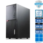 Ordinateur de bureau Lenovo ThinkCentre M720t, équipé d'un processeur Intel Core i3-8100, 8 Go de RAM, un SSD de 256 Go, un HDD de 500 Go et le système d'exploitation Windows 11 Pro. Conception compacte et professionnelle, idéal pour un usage bureautique et professionnel.
