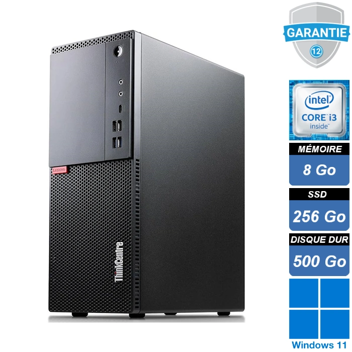 Ordinateur de bureau Lenovo ThinkCentre M720t, équipé d'un processeur Intel Core i3-8100, 8 Go de RAM, un SSD de 256 Go, un HDD de 500 Go et le système d'exploitation Windows 11 Pro. Conception compacte et professionnelle, idéal pour un usage bureautique et professionnel.