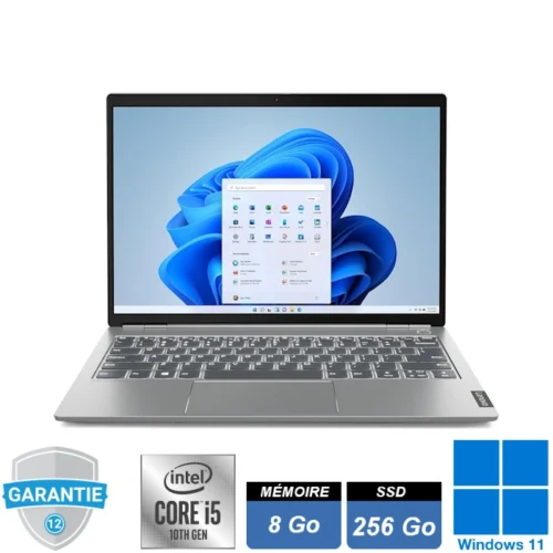 **Texte alternatif :** Un ordinateur portable ThinkBook 13s-IML posé sur un bureau. Il présente un design élégant avec un châssis en aluminium gris, un écran 13,3 pouces aux bordures fines, et un clavier rétroéclairé. Idéal pour une utilisation professionnelle ou personnelle grâce à sa portabilité et ses performances équilibrées.