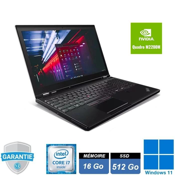 Lenovo ThinkPad P51, équipé d’un processeur Intel Core i7-7820HQ, 16 Go de RAM, SSD de 512 Go, et carte graphique NVIDIA Quadro M2200M.