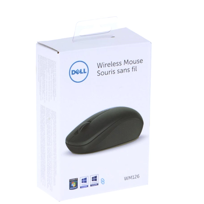 Vue de la souris sans fil Dell WM126 noire, de forme compacte et ergonomique. Le design élégant et simple présente une molette de défilement centrale et deux boutons principaux. À côté de la souris, un nano-récepteur USB est visible, illustrant sa connectivité sans fil.