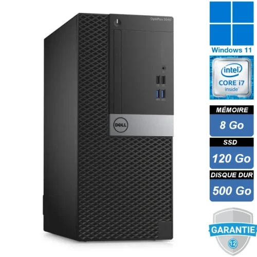 Ordinateur de bureau Dell Optiplex 3040 MT équipé d'un processeur Intel Core i7-6700, 8 Go de RAM, un SSD de 120 Go pour des performances rapides et un HDD de 500 Go pour un stockage supplémentaire. Fonctionne sous Windows 11 Pro, idéal pour un usage professionnel avec une fiabilité et une efficacité optimales. Design compact en format tour, adapté aux environnements de bureau.