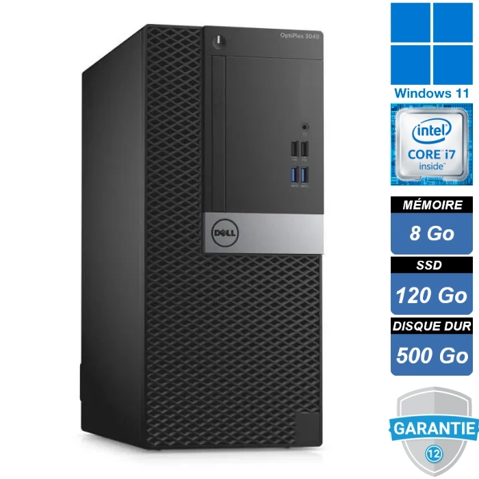 Ordinateur de bureau Dell Optiplex 3040 MT équipé d'un processeur Intel Core i7-6700, 8 Go de RAM, un SSD de 120 Go pour des performances rapides et un HDD de 500 Go pour un stockage supplémentaire. Fonctionne sous Windows 11 Pro, idéal pour un usage professionnel avec une fiabilité et une efficacité optimales. Design compact en format tour, adapté aux environnements de bureau.