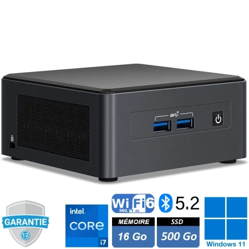 Mini-PC Intel NUC 11 NUC11TNH i7 – Design compact, processeur Intel Core i7 11ᵉ génération, 16 Go de RAM, SSD 500 Go, et Windows 11 pour des performances optimales dans un format ultra-réduit.