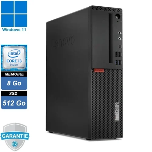 Ordinateur Lenovo Thinkcentre M720s, un PC performant, équipé d’un processeur Intel Core i3 8100, 8 Go de RAM et un SSD de 512 Go. Fonctionnant sous Windows 11 Pro.