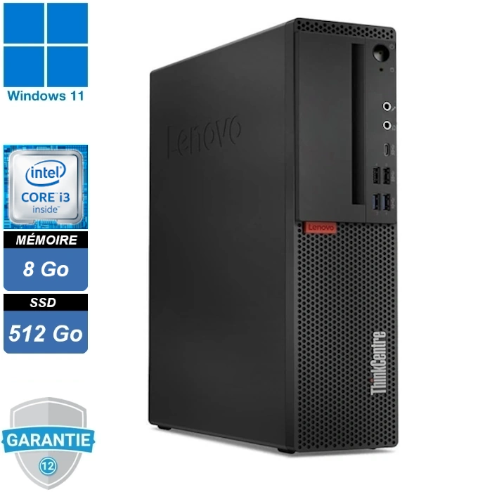 Ordinateur Lenovo Thinkcentre M720s, un PC performant, équipé d’un processeur Intel Core i3 8100, 8 Go de RAM et un SSD de 512 Go. Fonctionnant sous Windows 11 Pro.