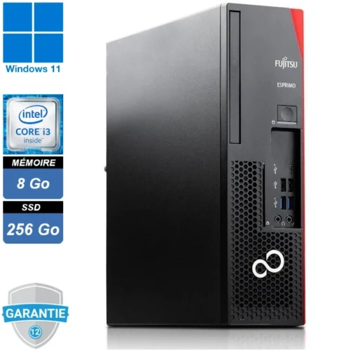 Ordinateur de bureau Fujitsu Esprimo D738 SFF compact, équipé d’un processeur Intel Core i3-9100, de 8 Go de RAM DDR4, d’un SSD NVMe de 256 Go, et de Windows 11 Pro. Idéal pour la bureautique, le multitâche, dans un format discret et performant.