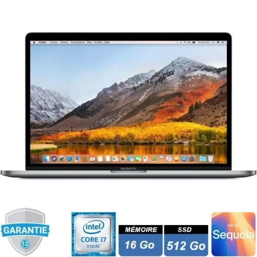 Ordinateur portable Apple haut de gamme avec écran Retina 15 pouces, processeur Intel Core i7-8850H, 16 Go de RAM, SSD 500 Go et carte graphique Radeon Pro 560X. Idéal pour les professionnels de la création et du multitâche, sous MacOS Sequoia.