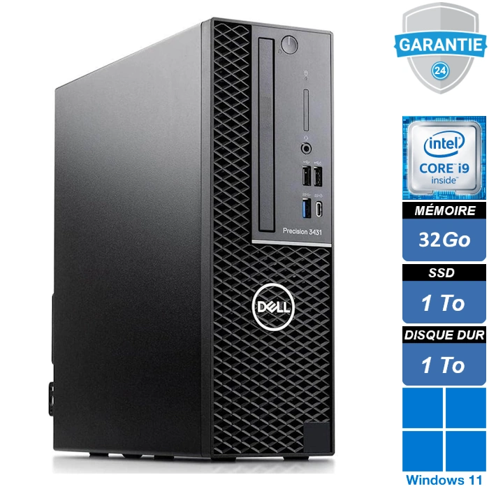Dell Precision 3431 – Une station de travail performante équipée d’un processeur Intel Core i9-9900, 32 Go de RAM, un SSD ultra-rapide de 1 To et un disque dur de 1 To (7200 TPM), fonctionnant sous Windows 11 Pro. Idéal pour les utilisateurs exigeants en quête de puissance et de fiabilité