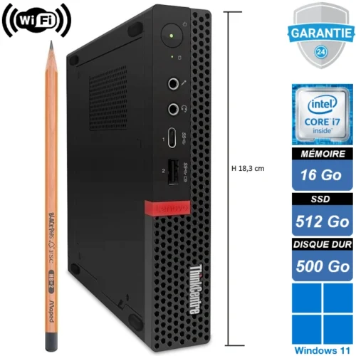 Lenovo ThinkCentre M920q Tiny – Mini PC puissant avec processeur Intel Core i7-9700T, 16 Go de RAM, SSD NVMe 512 Go, HDD 500 Go, WiFi, Bluetooth et Windows 11 Pro. Compact et performant, idéal pour tous les utilisateurs.