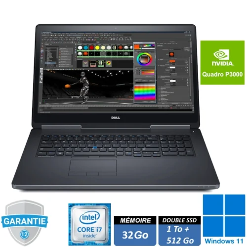 Dell Precision 7720 : station de travail mobile avec processeur Intel Core i7, carte graphique NVIDIA Quadro et stockage SSD rapide.