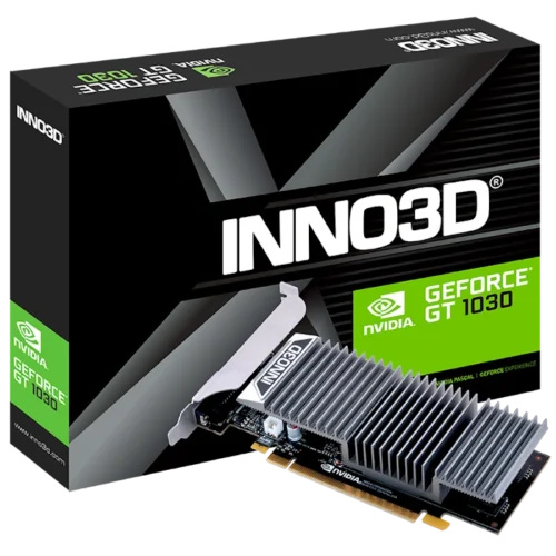 Carte graphique Inno3D GeForce GT 1030 2GB GDDR5, format Low Profile (bracket non inclus), avec un ventilateur unique et ports HDMI 2.0 et DVI-D.