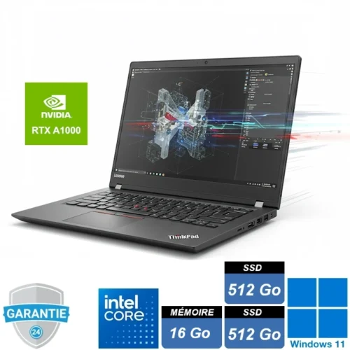 Ordinateur portable Lenovo ThinkPad P16v G1 ouvert, affichant un écran 16 pouces haute résolution. Conception robuste avec un clavier rétroéclairé et un châssis noir élégant. Idéal pour les professionnels, il intègre un processeur Intel Core i7, une carte graphique NVIDIA Quadro RTX A1000 et un double stockage SSD. Performant et sécurisé, il convient aux tâches exigeantes comme la modélisation 3D et le montage vidéo