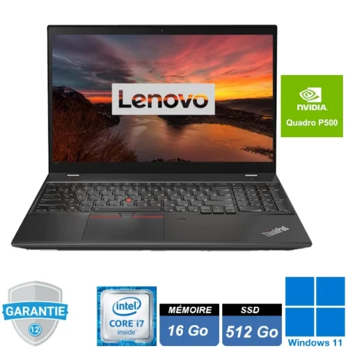 Ordinateur portable Lenovo ThinkPad P52s ouvert, affichant un écran Full HD de 15,6 pouces, équipé d’un processeur Intel Core i7-8550U, de 16 Go de RAM, d’un SSD NVMe de 512 Go et d’une carte graphique NVIDIA Quadro P500, offrant de solides performances.