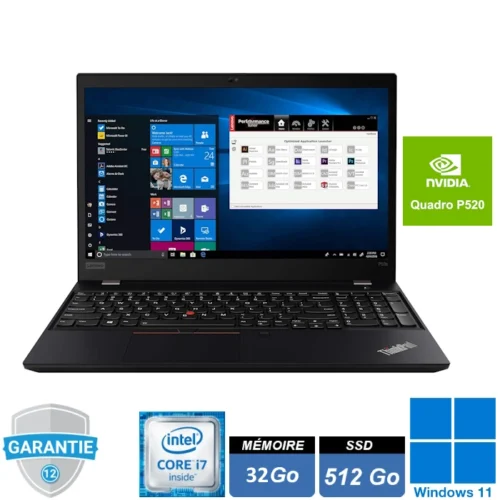 Ordinateur portable Lenovo ThinkPad P53s avec un processeur Intel Core i7-8665U, 32 Go de RAM, un SSD NVMe de 512 Go et une carte graphique NVIDIA Quadro P520, fonctionnant sous Windows 11 Pro.