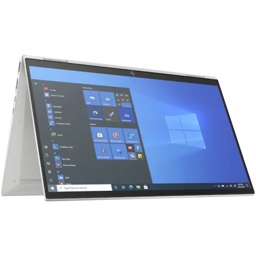 HP EliteBook x360 1030 G8 en position tente, écran tactile incliné pour regarder une vidéo. Design élégant en aluminium brossé.