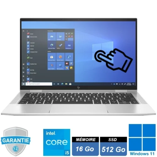 Ordinateur portable HP EliteBook x360 1030 G8 ouvert en mode pc portable, affichant un écran tactile lumineux. Design fin en aluminium, clavier rétroéclairé