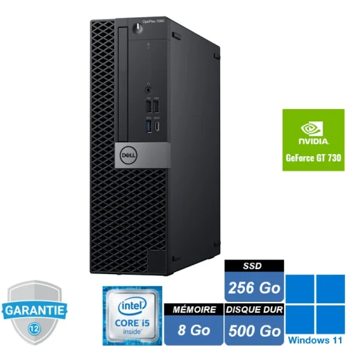 Ordinateur Dell OptiPlex 7060 SFF, Intel Core i5-8500, 8Go RAM, SSD 256Go, HDD 500Go, carte graphique NVIDIA GT 730, Windows 11 Pro