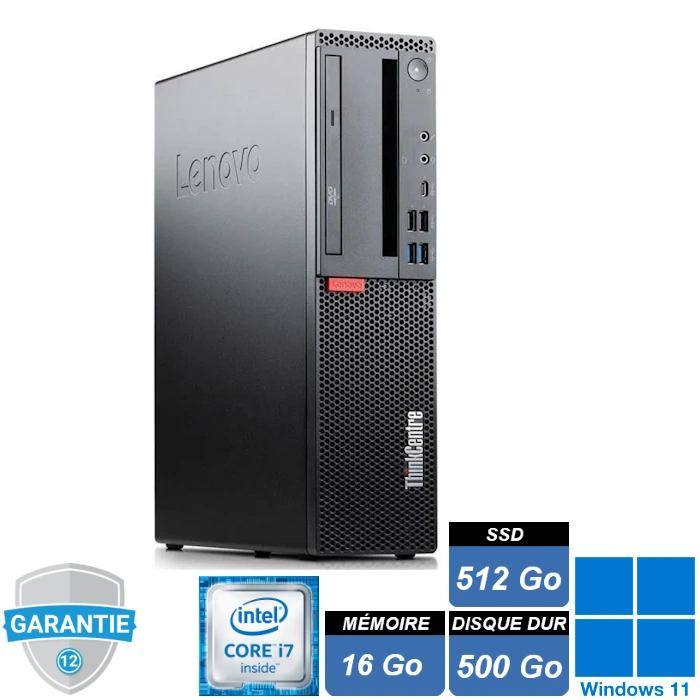 Ordinateur Lenovo M920s SFF, i7-8700, 16Go RAM, SSD 512Go, HDD 500Go, lecteur DVD, Windows 11 Pro
