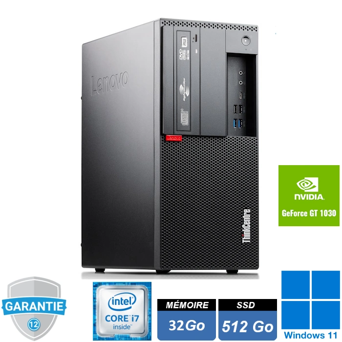 Ordinateur Lenovo ThinkCentre M920t tour, Intel Core i7-8700, 32Go RAM, SSD 512Go, carte graphique NVIDIA GT 1030, Windows 11 Pro