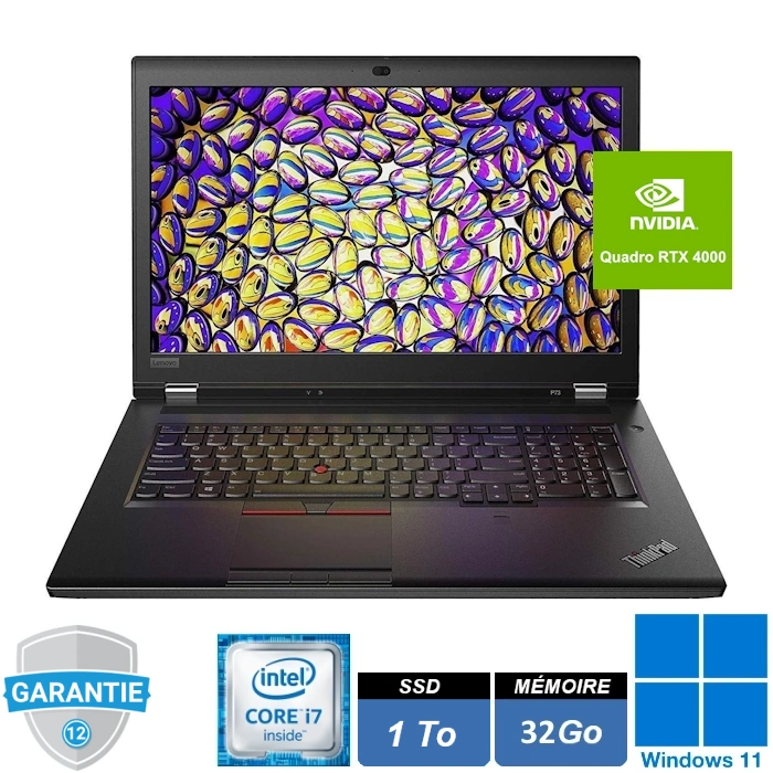 thinkpad-lenovo-p73-i7-32go-ssd-1to-quadro-rtx-4000-windows-11-pro Station de travail mobile Lenovo ThinkPad P73, grand écran 17,3 pouces, clavier complet avec pavé numérique, design robuste noir.