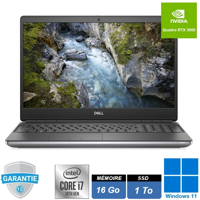 Ordinateur portable Dell Precision 7550 équipé d'un processeur Intel Core i7-10850H, 16 Go de RAM, SSD NVMe de 1To, carte graphique NVIDIA Quadro RTX3000 avec 6 Go de mémoire GDDR6, fonctionnant sous Windows 11 Pro.