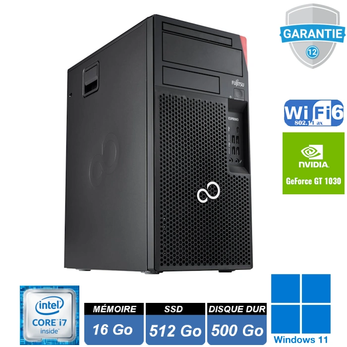 Ordinateur de bureau Fujitsu Esprimo P758 Tower avec processeur Intel Core i7-9700, 16Go de RAM, SSD 512Go NVMe, carte graphique NVIDIA GT 1030, Windows 11 Pro.