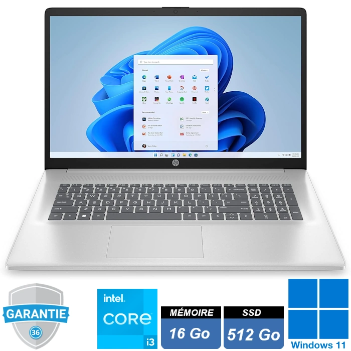 Ordinateur portable HP 17-cn3005nf 17 pouces avec processeur Intel Core i3-N305, 16Go de RAM, SSD 512Go, sous Windows 11 Pro