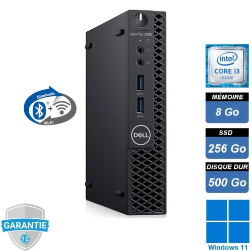 Ordinateur Dell Optiplex 3060 Micro reconditionné avec processeur i3, 8 Go de RAM, SSD 256 Go, HDD 500 Go, Windows 11 Pro, Wifi ac et Bluetooth 5.1