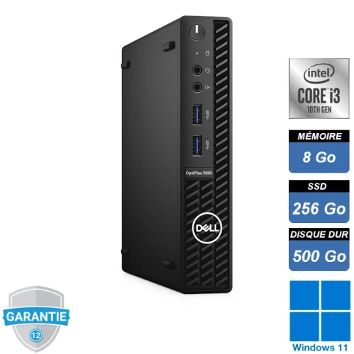 Ordinateur Dell Optiplex 3080 Micro avec Intel Core i3-10100T, 8 Go RAM, SSD NVMe 256 Go, HDD 500 Go, Windows 11 Pro – reconditionné